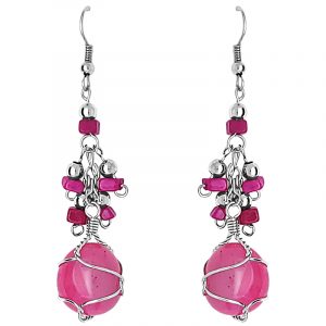 Handmade silver metal wire wrapped tumbled stone earrings with chip stone dangles in hot pink agate.