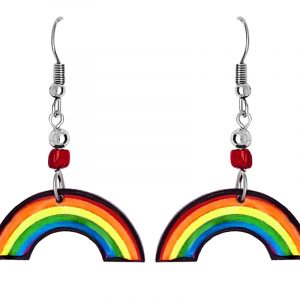 Handmade rainbow arch acrylic dangle earrings with beaded metal hooks in striped pattern.