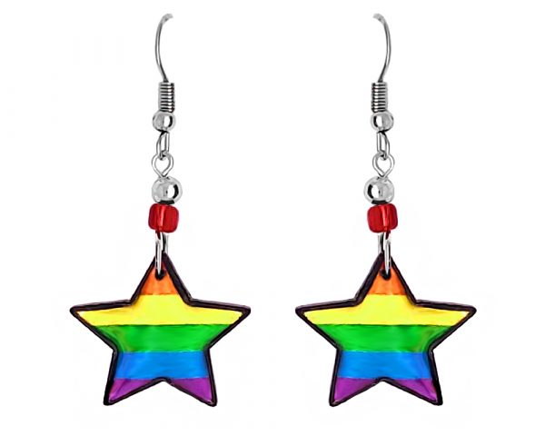 Handmade rainbow star shaped acrylic dangle earrings with beaded metal hooks in striped pattern.