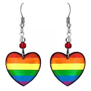 Handmade rainbow heart-shaped acrylic dangle earrings with beaded metal hooks in striped pattern.