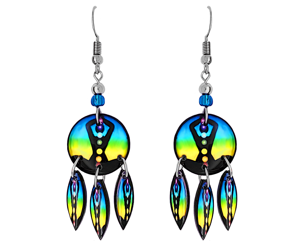 Round-shaped New Age themed chara graphic acrylic earrings with long matching dangles and beaded metal hooks in turquoise blue, lime green, yellow, black, and rainbow color combination.