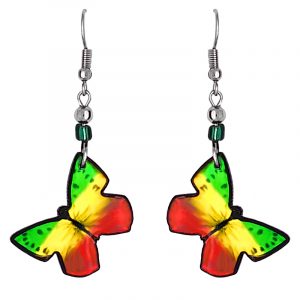 Handmade monarch butterfly earrings with acrylic, seed beads, and metal hooks in striped Rasta color combination.