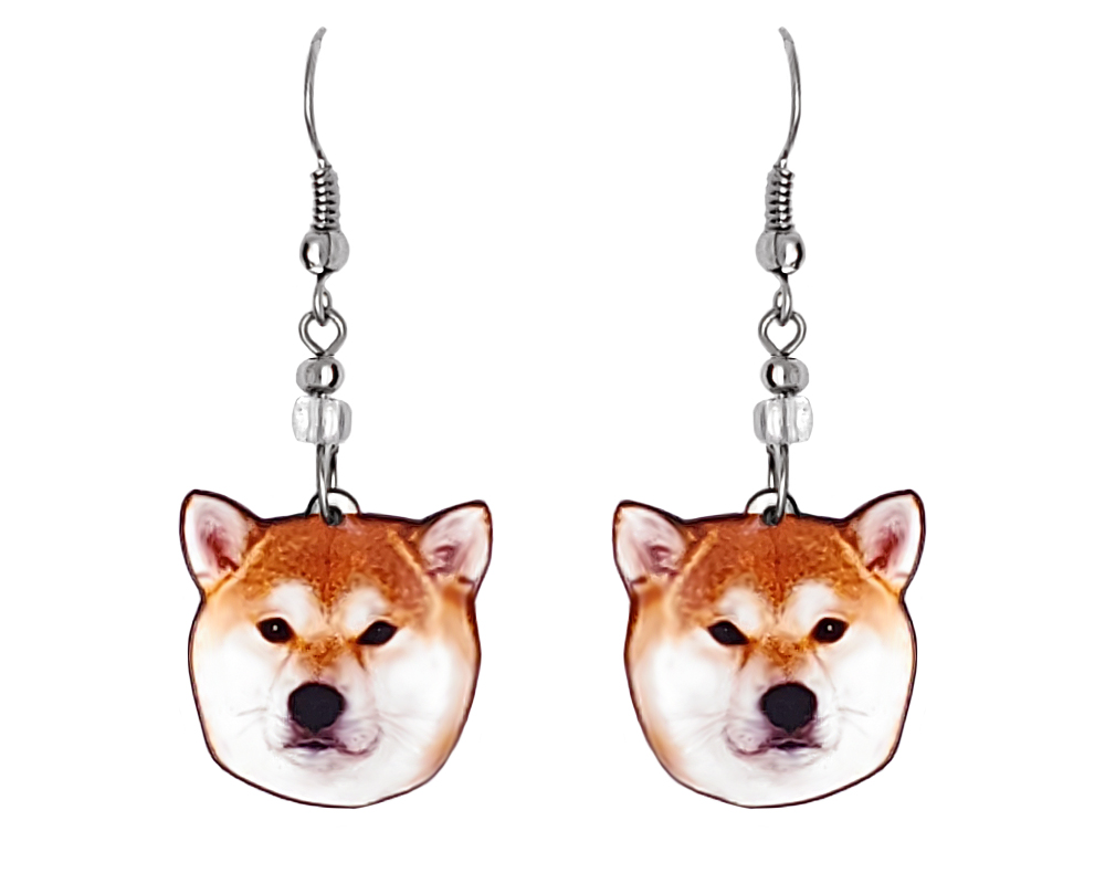 Shiba Inu dog face acrylic dangle earrings with beaded metal hooks in dark orange, peach, and white color combination.