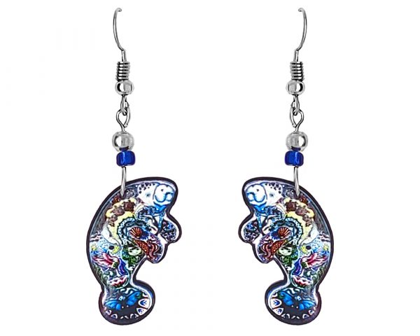 Psychedelic sea life pattern manatee acrylic dangle earrings with beaded metal hooks in blue, white, and multicolored color combination.