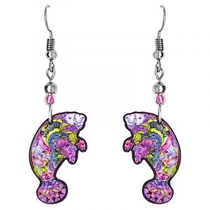 Psychedelic sea life pattern manatee acrylic dangle earrings with beaded metal hooks in purple, lime green, lavender, periwinkle, and white color combination.