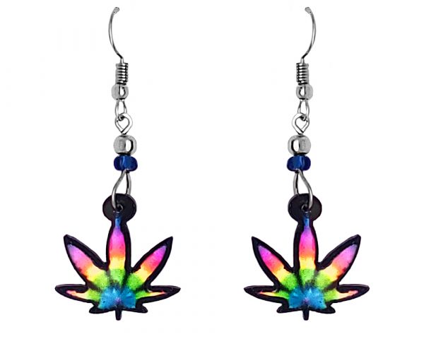 Rainbow cannabis pot leaf acrylic dangle earrings with beaded metal hooks in hot pink and multicolored tie-dye color combination.