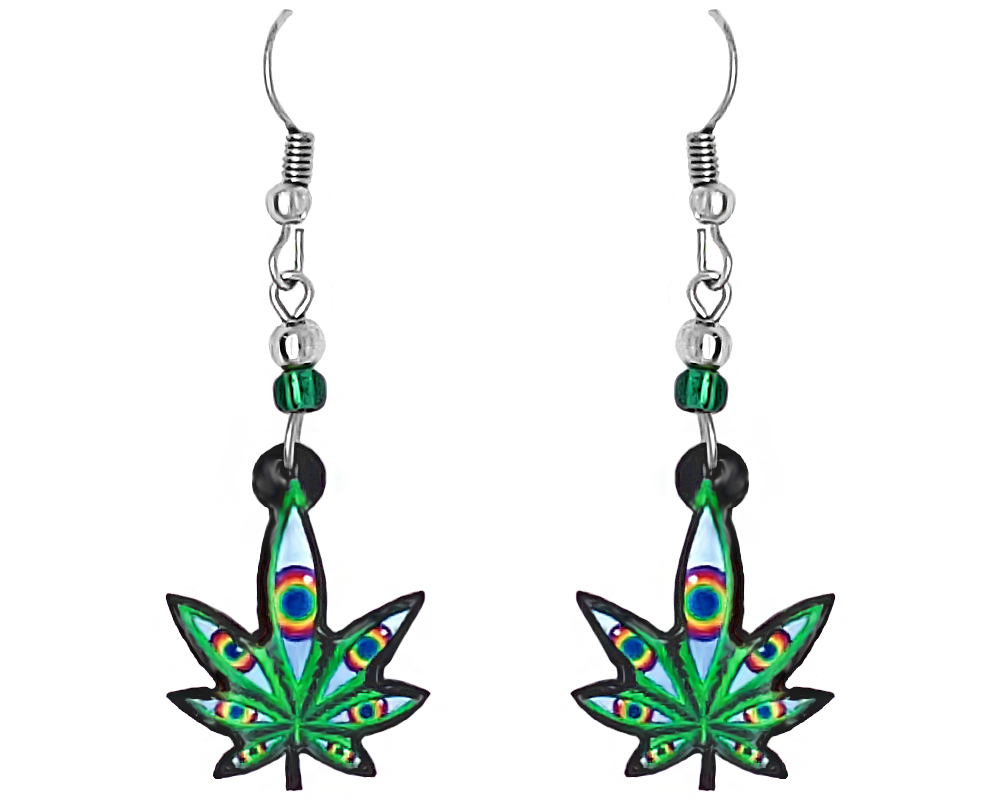 Psychedelic cannabis pot leaf with multiple eyes acrylic dangle earrings with beaded metal hooks in green and multicolored rainbow color combination.