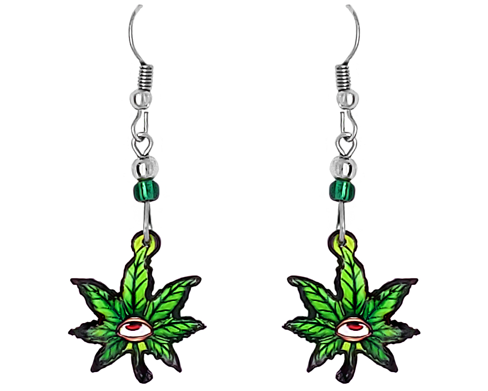 Cannabis pot leaf with eye acrylic dangle earrings with beaded metal hooks in llime green, dark green, red, and tan color combination.