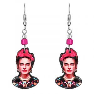 Handmade Frida inspired face earrings with acrylic, seed beads, and metal hooks in hot pink, black, peach, and multicolored color combination.