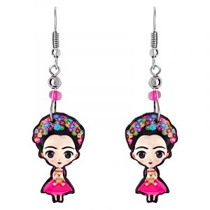 Handmade monkey Frida Kahlo cartoon doll earrings with acrylic, seed beads, and metal hooks in hot pink, tan, beige, black, and multicolored color combination.