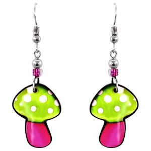 Abstract magic mushroom acrylic dangle earrings with beaded metal hooks in neon green, hot pink, and white color combination.