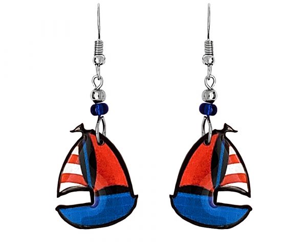 Handmade nautical sailboat graphic acrylic dangle earrings with beaded metal hooks in red, blue, and white color combination.