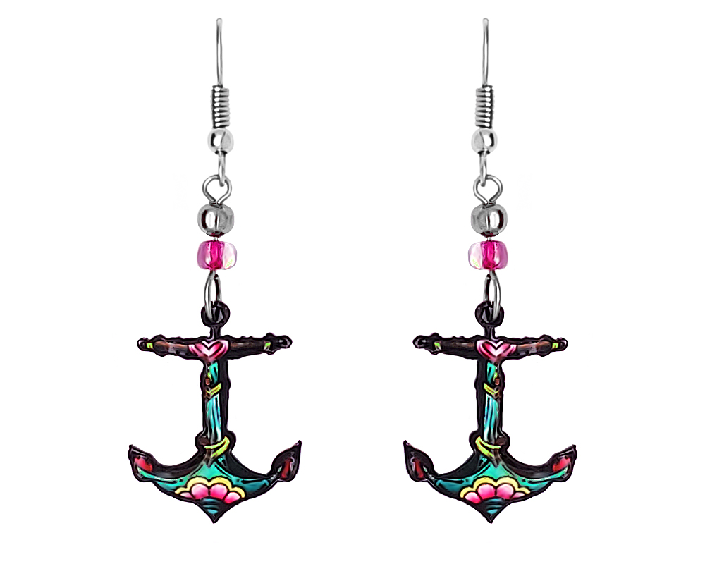 Handmade nautical floral pattern anchor graphic acrylic dangle earrings with beaded metal hooks in teal green, pink, yellow, lime green, and black color combination.