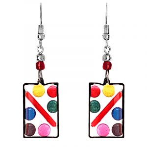 Handmade rectangle-shaped paint pallet graphic acrylic dangle earrings with beaded metal hooks in white, red, and multicolored color combination.