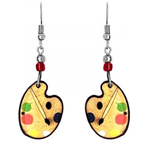 Handmade round-shaped paint pallet graphic acrylic dangle earrings with beaded metal hooks in beige, black, and multicolored color combination.