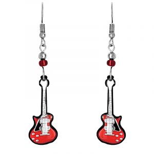 Handmade guitar musical instrument graphic acrylic dangle earrings with beaded metal hooks in red, white, black, and gray color combination.