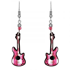 Handmade plaid pattern guitar musical instrument graphic acrylic dangle earrings with beaded metal hooks in hot pink and white color combination.