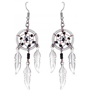 Handmade round beaded dream catcher earrings with iridescent thread and three long colored metal feather charm dangles in white, black, and silver color combination.