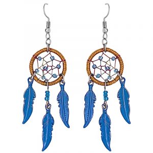 Handmade round beaded dream catcher earrings with iridescent thread and three long colored metal feather charm dangles in golden yellow, turquoise, light blue, and silver color combination.
