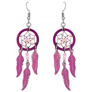 Handmade round beaded dream catcher earrings with iridescent thread and three long colored metal feather charm dangles in magenta purple, dark pink, and light pink color combination.