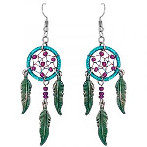 Handmade round beaded dream catcher earrings with iridescent thread and three long colored metal feather charm dangles in aqua mint, teal green, purple, and silver color combination.