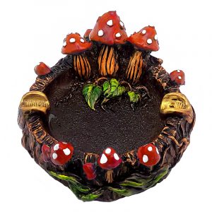 Handcrafted round incense holder ash tray with a 3D figurine of toadstool mushrooms and leaves in red, white, brown, black, and gold color combination.