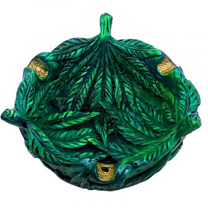 Handcrafted round bowl incense holder ash tray with cannabis pot leaf design in green.