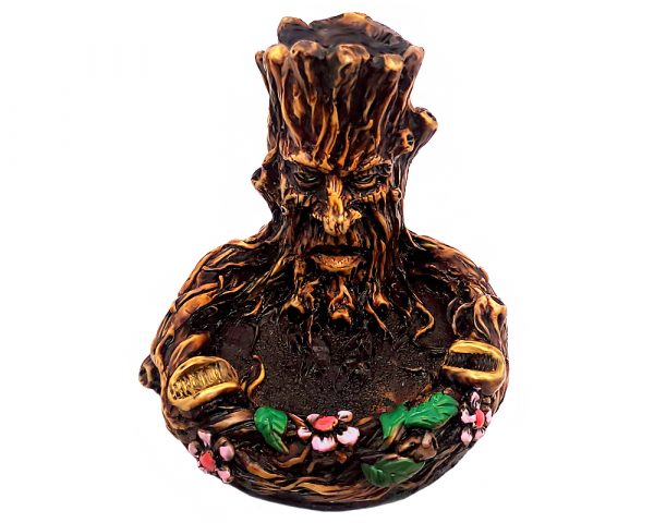 Handcrafted round incense holder ash tray with a floral design and a 3D figurine of a tree man in brown, black, gold, green, and multicolored color combination.