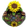Handcrafted round incense holder ash tray with floral design and a 3D figurine of a sunflower with leaves in yellow, brown, black, gold, green, and multicolored color combination.