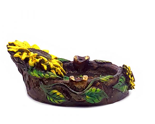 Handcrafted round incense holder ash tray with floral design and a 3D figurine of a sunflower with leaves in yellow, brown, black, gold, green, and multicolored color combination.