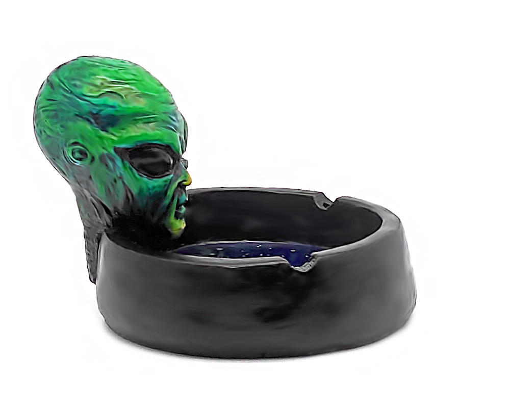 Handcrafted round incense holder ash tray with a galaxy design and a 3D figurine of an alien head in green, dark blue, white, and black color combination.