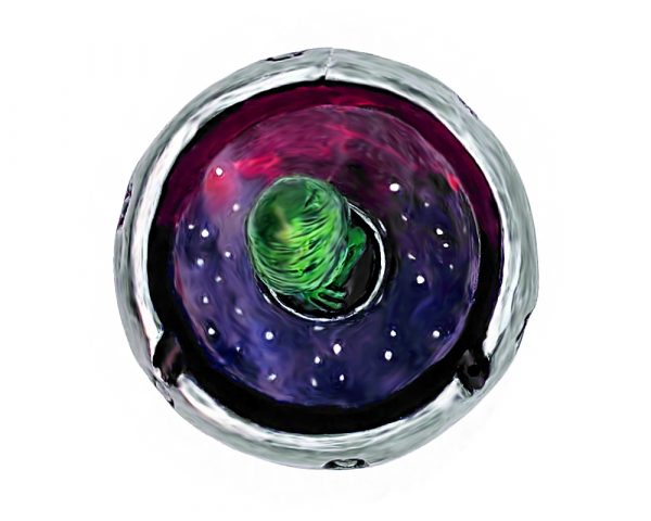 Handcrafted round incense holder ash tray in a flying saucer shape with a galaxy design and a 3D figurine of an alien in green, silver, dark purple, red, white, and black color combination.