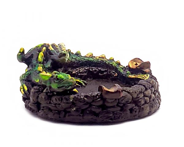 Handcrafted round incense holder ash tray with a 3D figurine of a laying dragon in green, brown, black, and gold color combination.