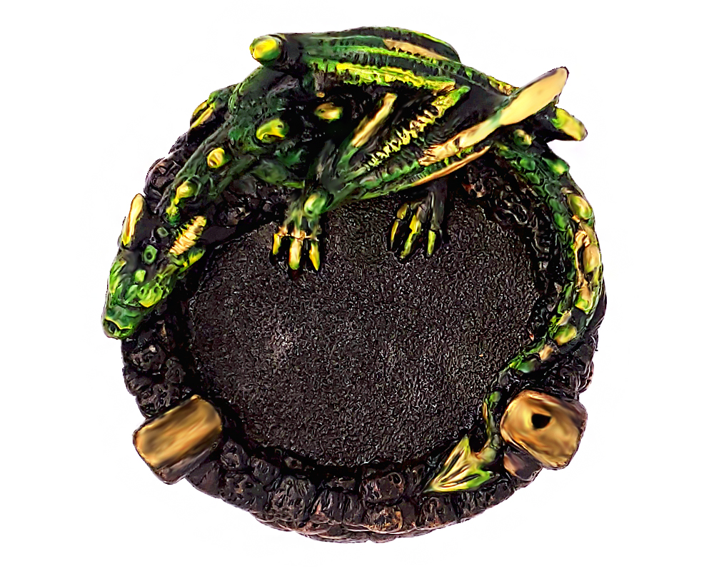 Handcrafted round incense holder ash tray with a 3D figurine of a laying dragon in green, brown, black, and gold color combination.