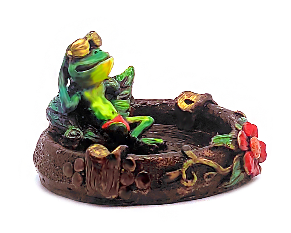 Handcrafted round incense holder ash tray with a floral design and 3D figurine of a chill frog relaxing with sunglasses in green, red, black, brown, and gold color combination.