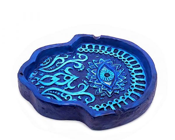 Handcrafted Hamsa hand-shaped flat incense holder ash tray with evil eye design in blue, turquoise, and light blue color combination.