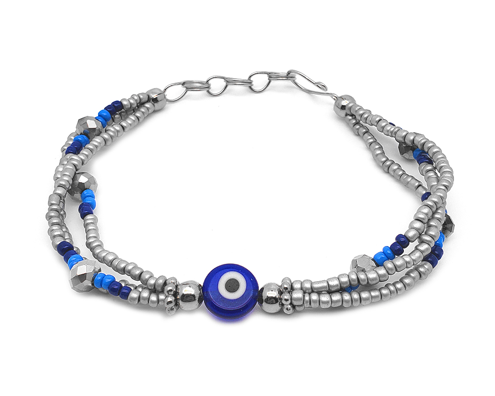 Seed bead and crystal bead multi strand bracelet with evil eye bead centerpiece in silver, gray, blue, turquoise, black, and white color combination.