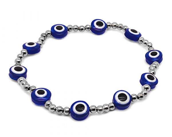Handmade evil eye bead and seed bead stretchy bracelet in blue, silver, black, and white color combination.
