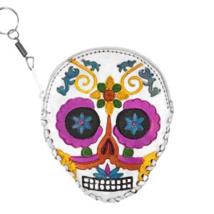 Handmade Day of the Dead sugar skull and floral design embossed leather coin purse keychain bag on silver metal key ring in white and multicolored color combination.