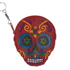 Handmade Day of the Dead sugar skull and floral design embossed leather coin purse keychain bag on silver metal key ring in red and multicolored color combination.