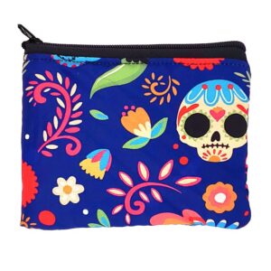 Handmade lightweight mini padded coin purse bag with multicolored floral Day of the Dead sugar skull pattern design in blue color.
