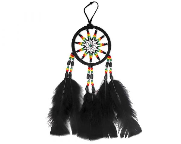 Handmade medium-sized round suede leather beaded dream catcher hanging ornament with multicolored seed beads and natural feather dangles in black and Rasta themed color combination.