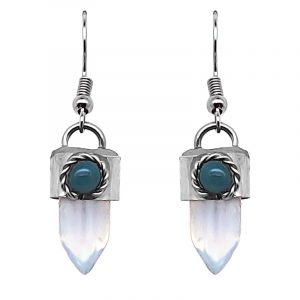 Handmade hexagonal-cut gemstone crystal point earrings with alpaca silver metal and mini round teal bead in iridescent white opalite.