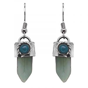 Handmade hexagonal-cut gemstone crystal point earrings with alpaca silver metal and mini round teal bead in green aventurine.