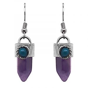 Handmade hexagonal-cut gemstone crystal point earrings with alpaca silver metal and mini round teal bead in purple amethyst.