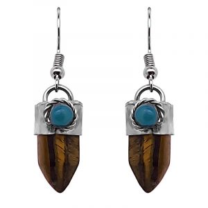 Handmade hexagonal-cut gemstone crystal point earrings with alpaca silver metal and mini round teal bead in brown and golden tiger's eye.