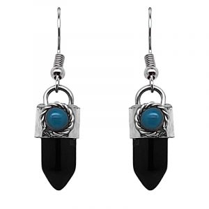 Handmade hexagonal-cut gemstone crystal point earrings with alpaca silver metal and mini round teal bead in black onyx.