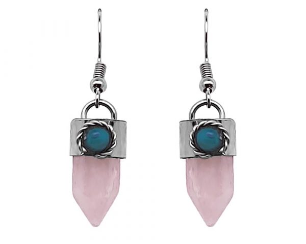 Handmade hexagonal-cut gemstone crystal point earrings with alpaca silver metal and mini round teal bead in light pink rose quartz.