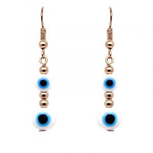 Handmade double round evil eye bead dangle earrings with metal seed beads in white, light blue turquoise, black, and gold color combination.