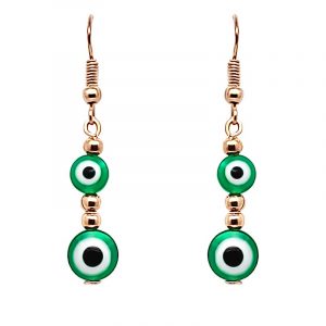 Handmade double round evil eye bead dangle earrings with metal seed beads in green, white, black, and gold color combination.